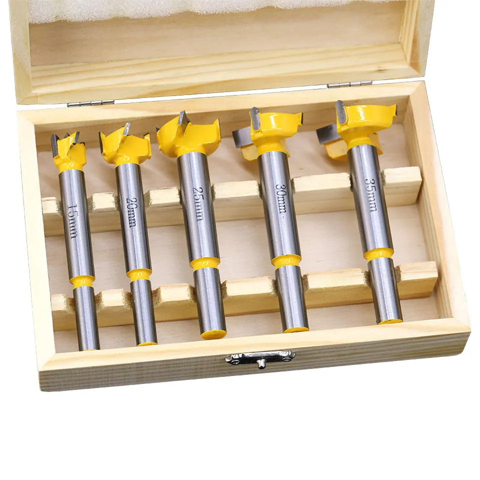 Carbide wood hole opener 5-piece set with wooden box, for hand and electric drills