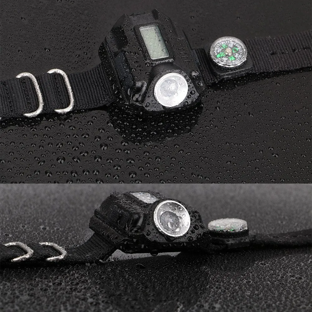 Black LED watch flashlight with time display and compass on wristband for outdoor use