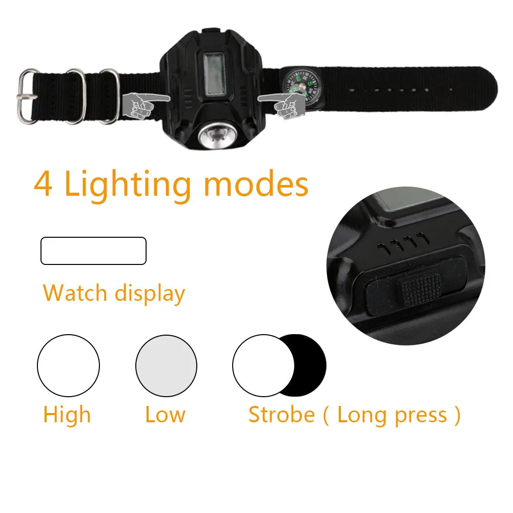 Black LED watch flashlight with time display and compass on wristband for outdoor use