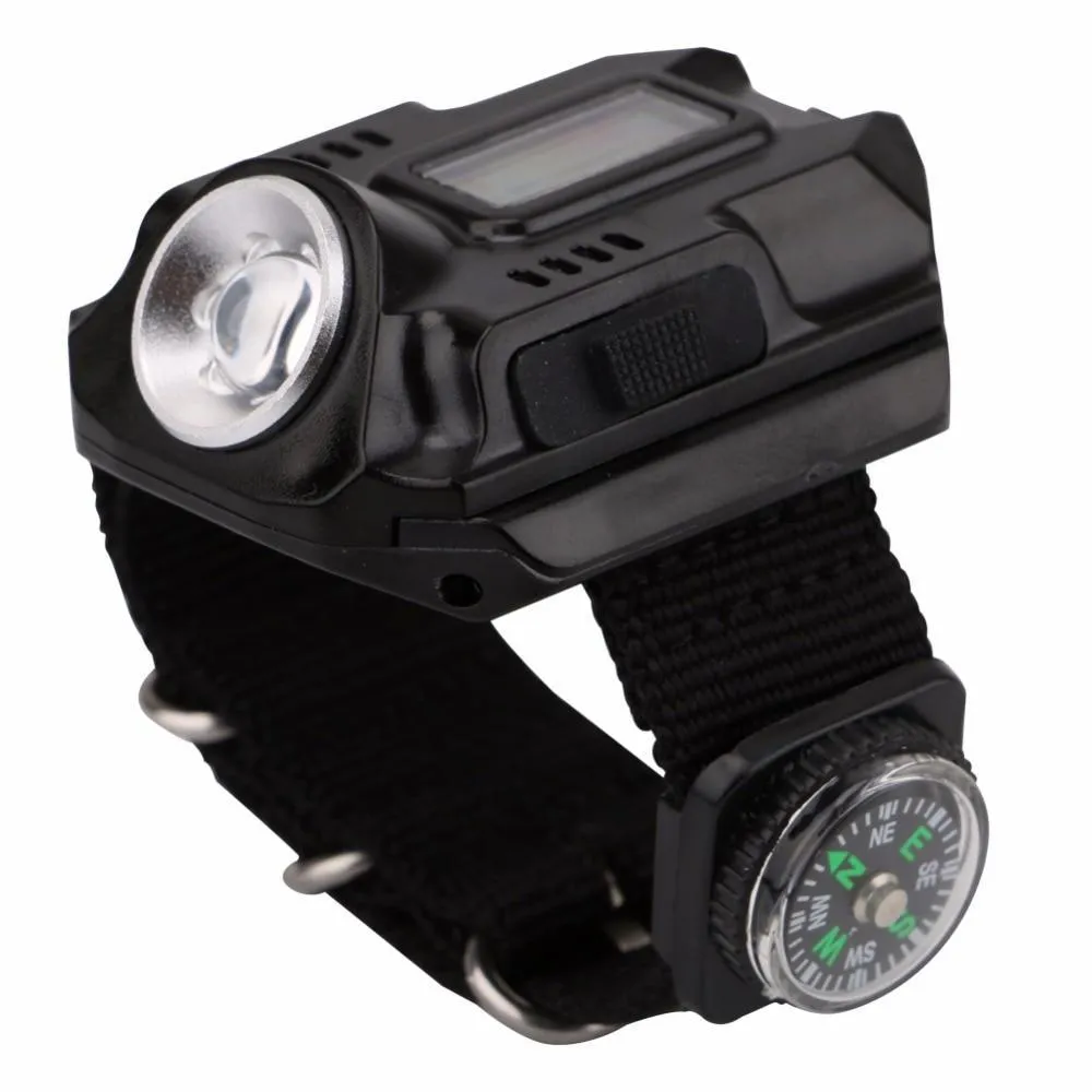 Black LED watch flashlight with time display and compass on wristband for outdoor use
