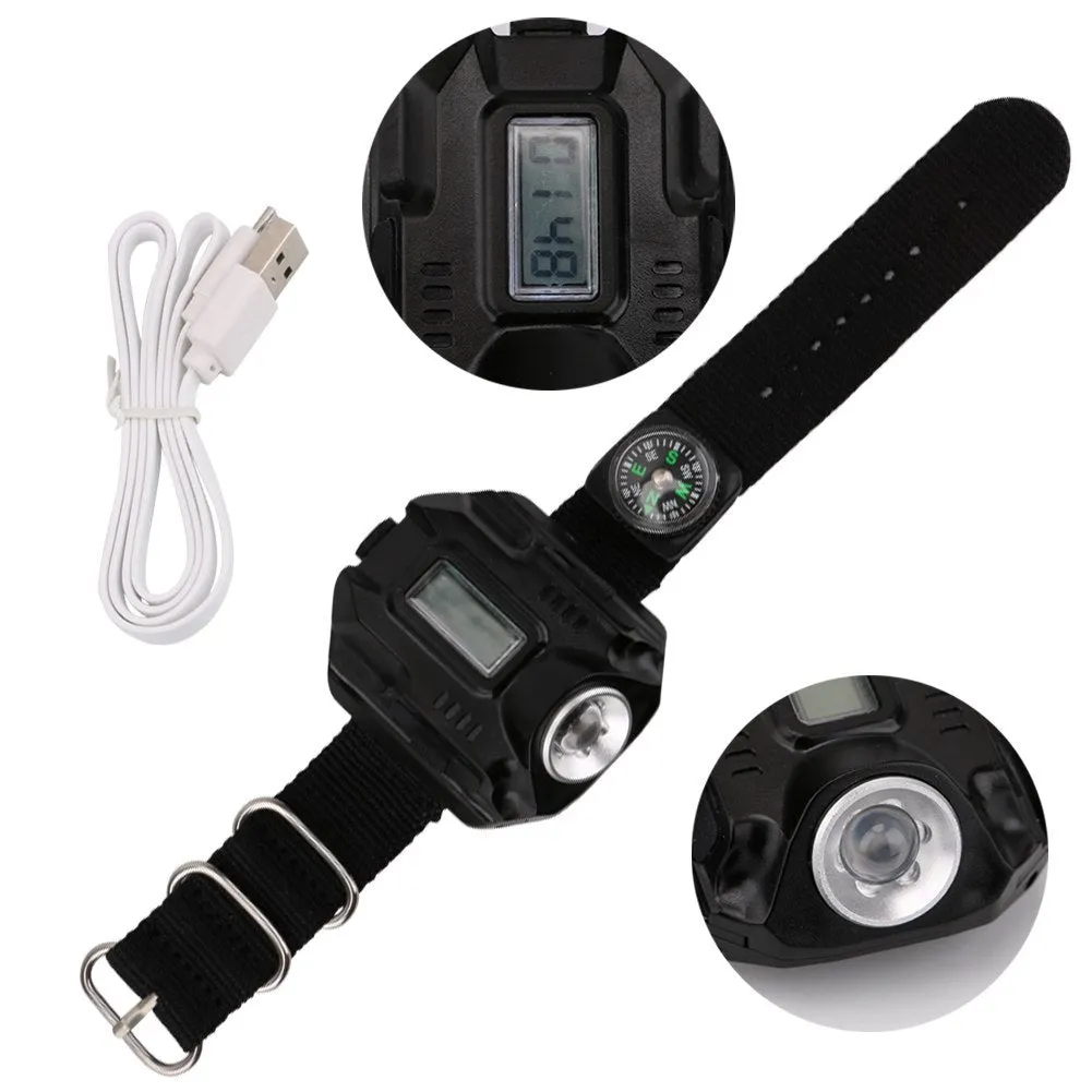 Black LED watch flashlight with time display and compass on wristband for outdoor use