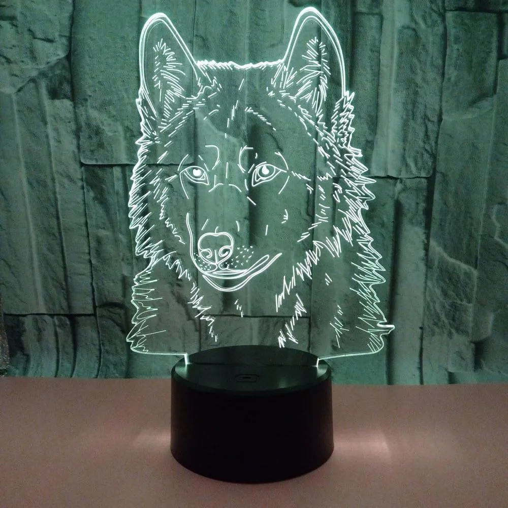 Wolf 3D lamp night light with touch and remote control on a bedside table