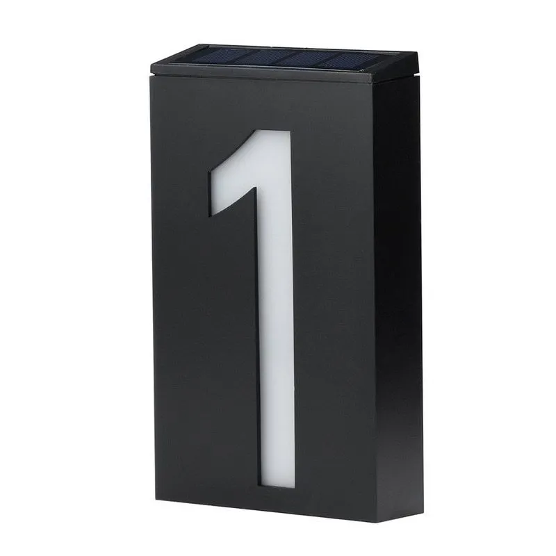 Solar powered outdoor house number light with white LED illumination and weatherproof construction