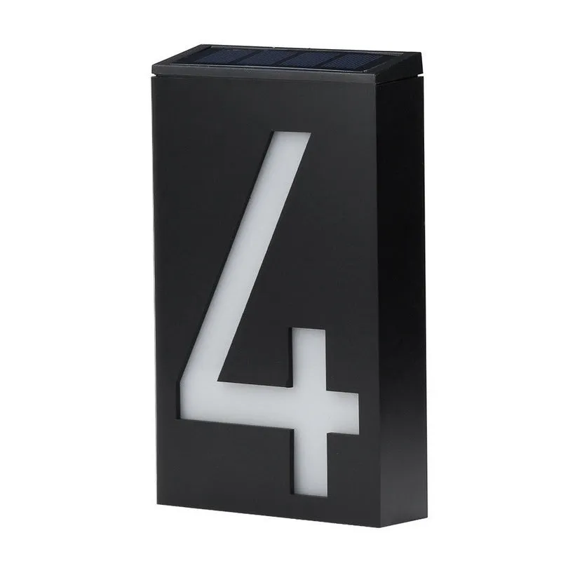 Solar powered outdoor house number light with white LED illumination and weatherproof construction