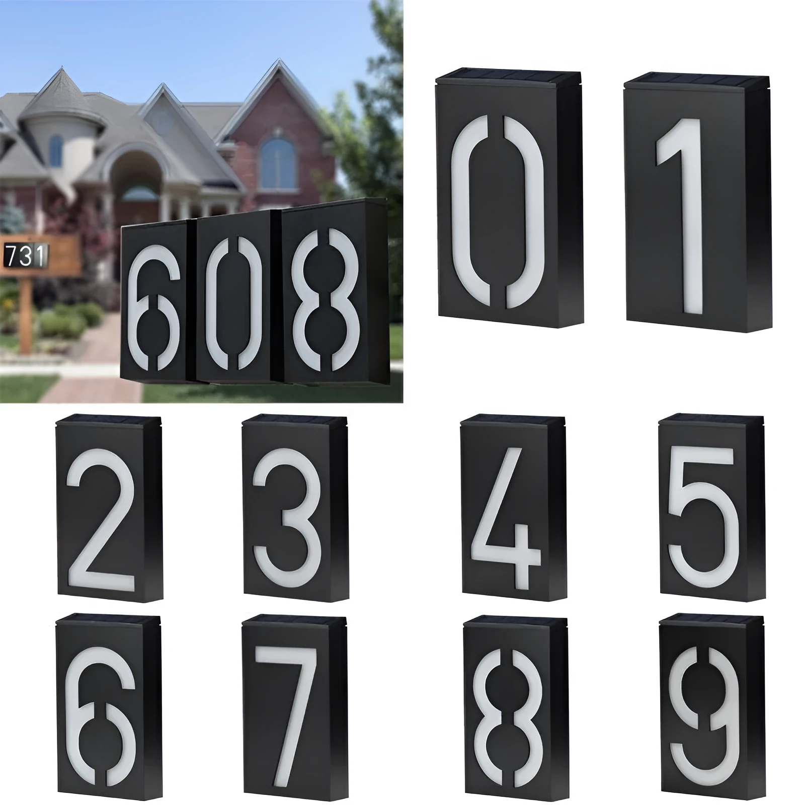 Solar powered outdoor house number light with white LED illumination and weatherproof construction