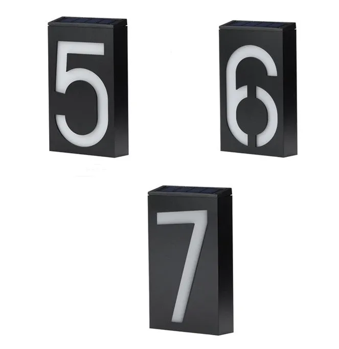 Solar powered outdoor house number light with white LED illumination and weatherproof construction