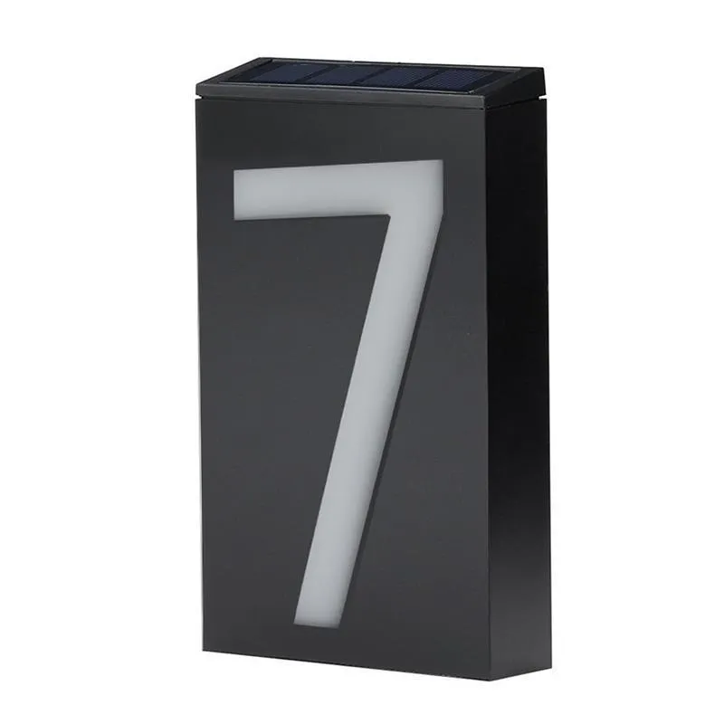 Solar powered outdoor house number light with white LED illumination and weatherproof construction