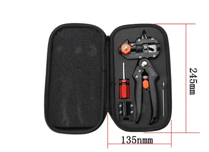 Handheld grafting scissors with black ABS handle and high carbon steel blade cutting a branch