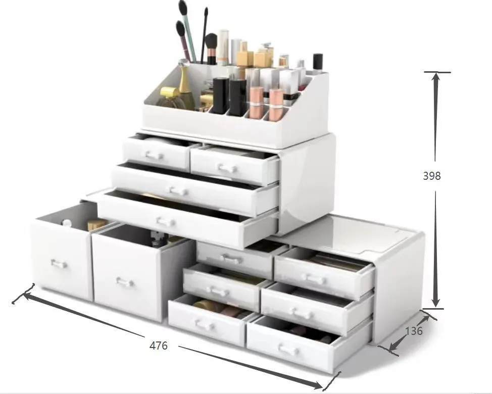 Acrylic three-layer cosmetics storage box in transparent finish with organised compartments on a dressing table