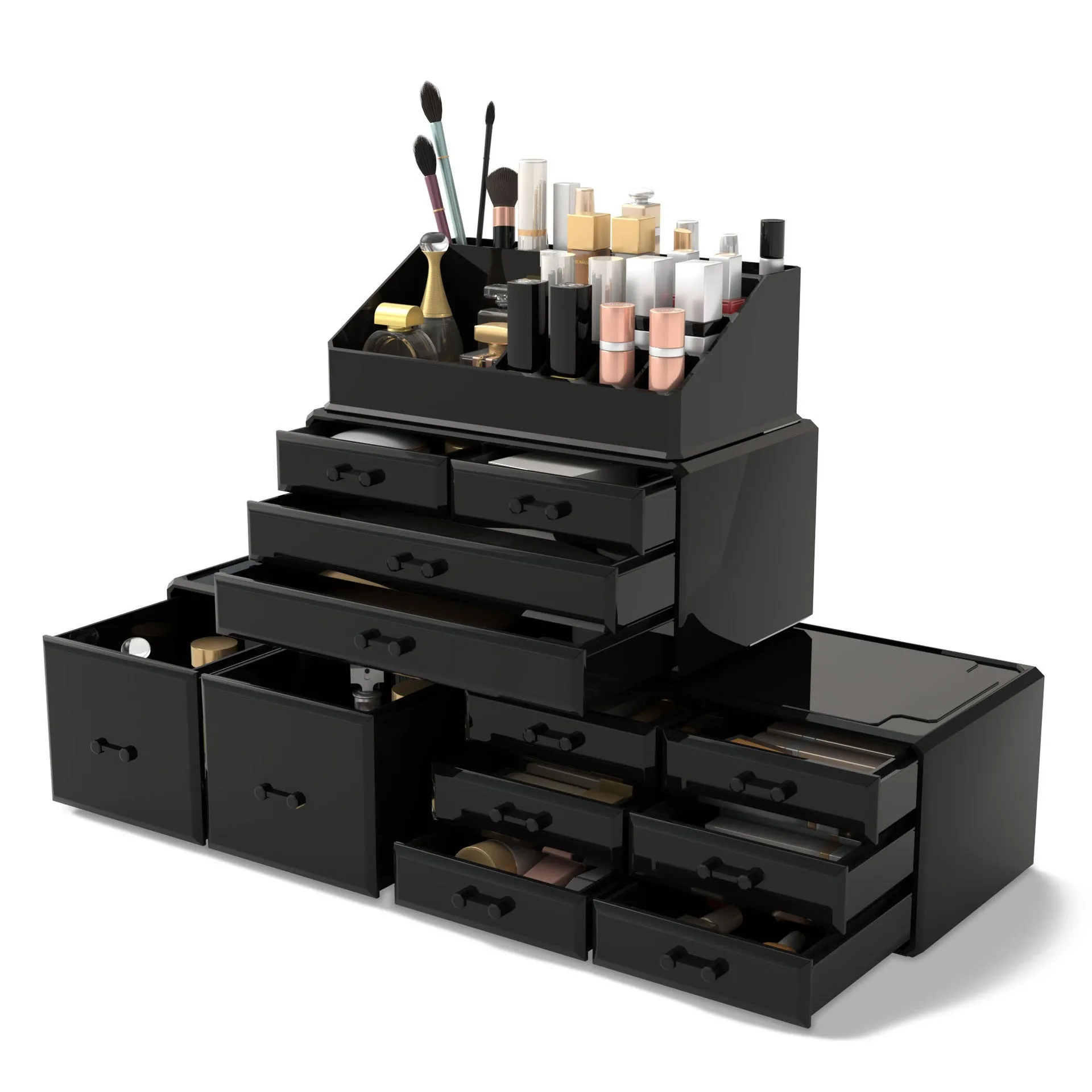 Acrylic three-layer cosmetics storage box in transparent finish with organised compartments on a dressing table