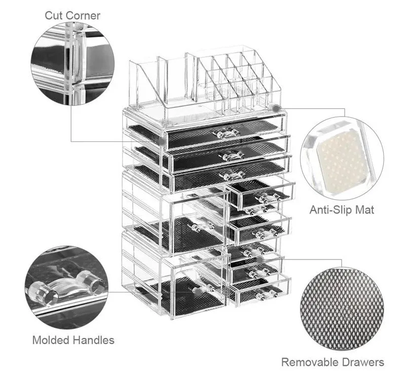 Acrylic three-layer cosmetics storage box in transparent finish with organised compartments on a dressing table