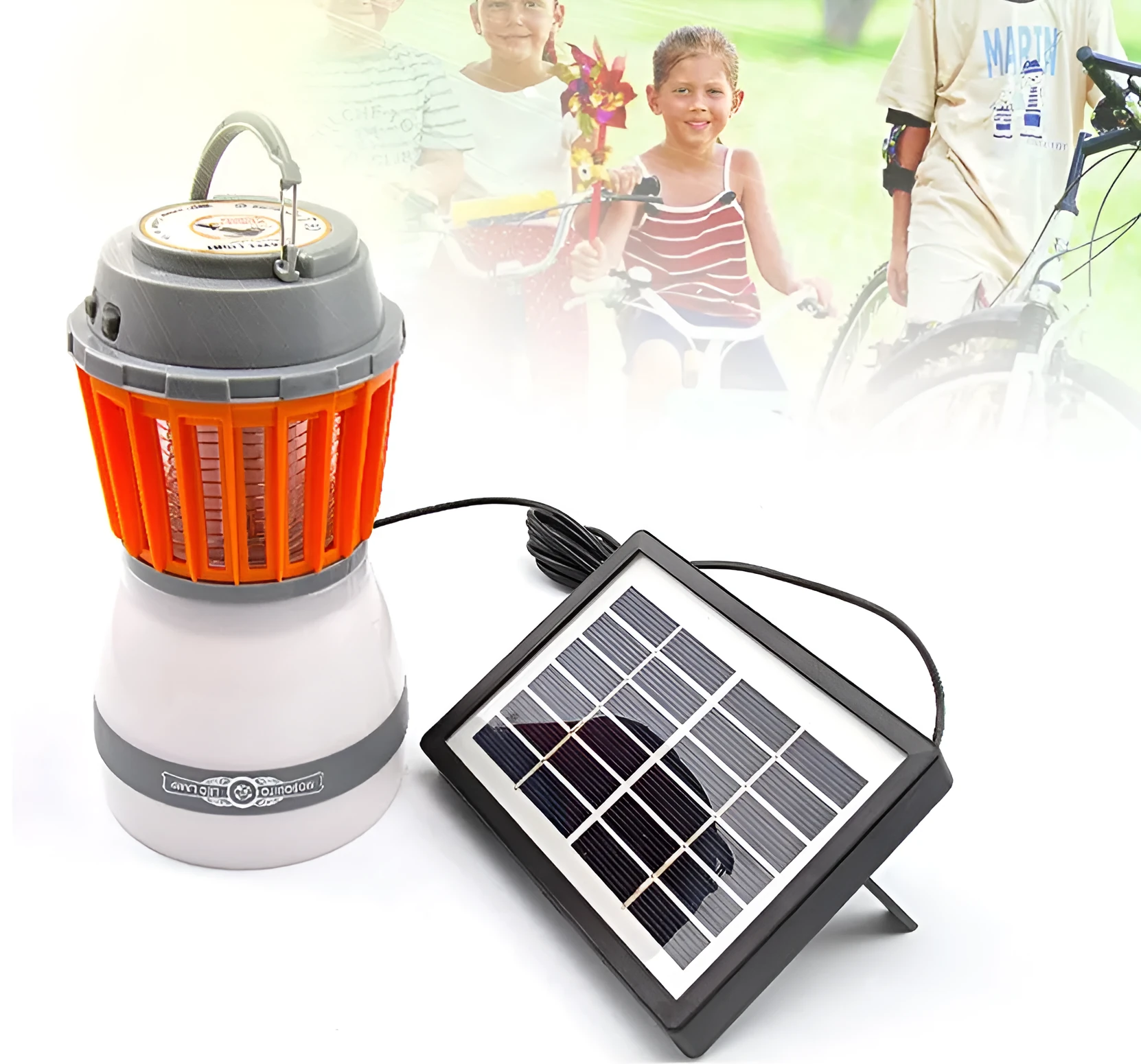 Solar mosquito lamp IPX6 waterproof with ABS housing, 16.5cm height, and 2200MAH battery on a camping table