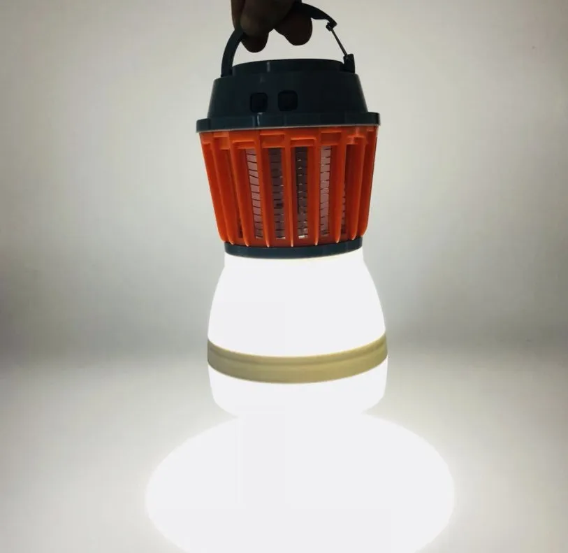 Solar mosquito lamp IPX6 waterproof with ABS housing, 16.5cm height, and 2200MAH battery on a camping table