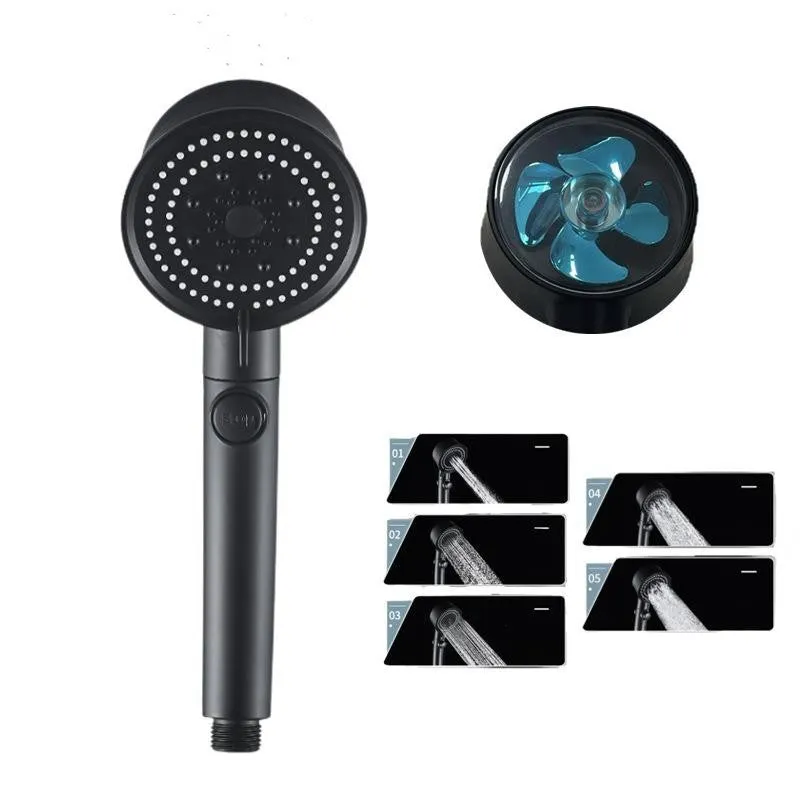 Silicone self-cleaning shower head with five colour options, turbo fan, and dense outlet holes