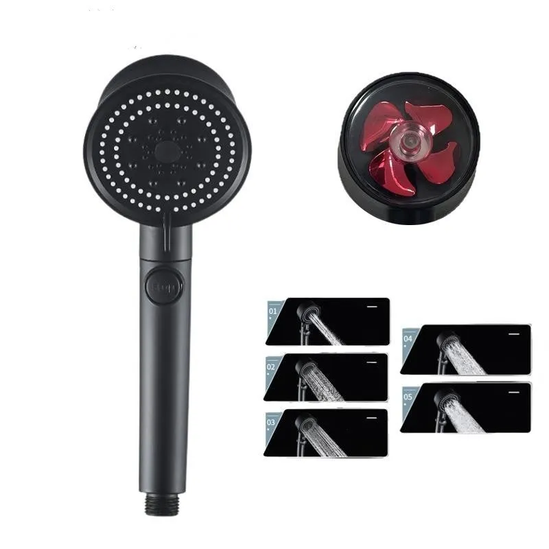 Silicone self-cleaning shower head with five colour options, turbo fan, and dense outlet holes