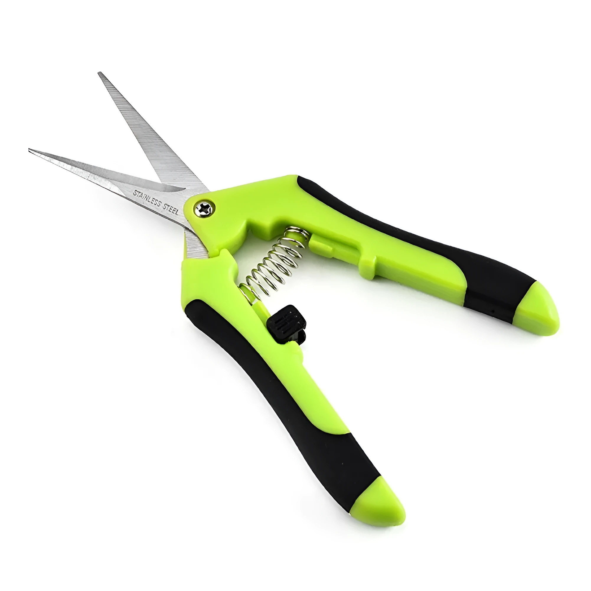Green garden pruning scissors with stainless steel blade, 16.5 cm long, on a white background