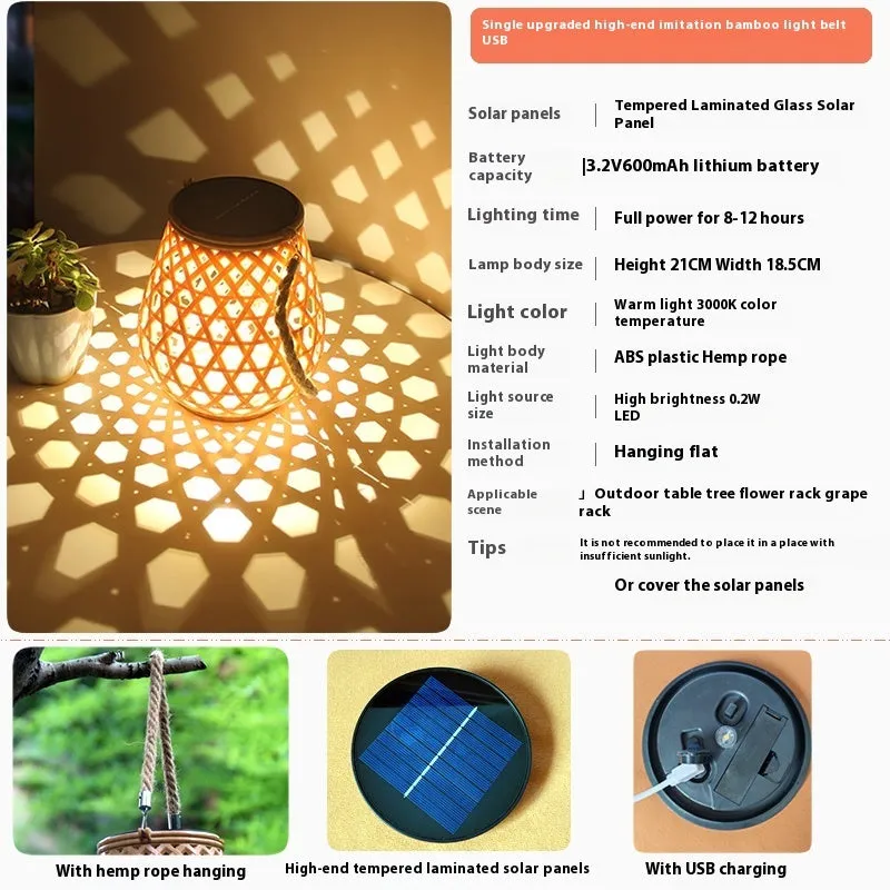 Outdoor solar lantern light with imitation bamboo weaving pattern, hanging in garden setting
