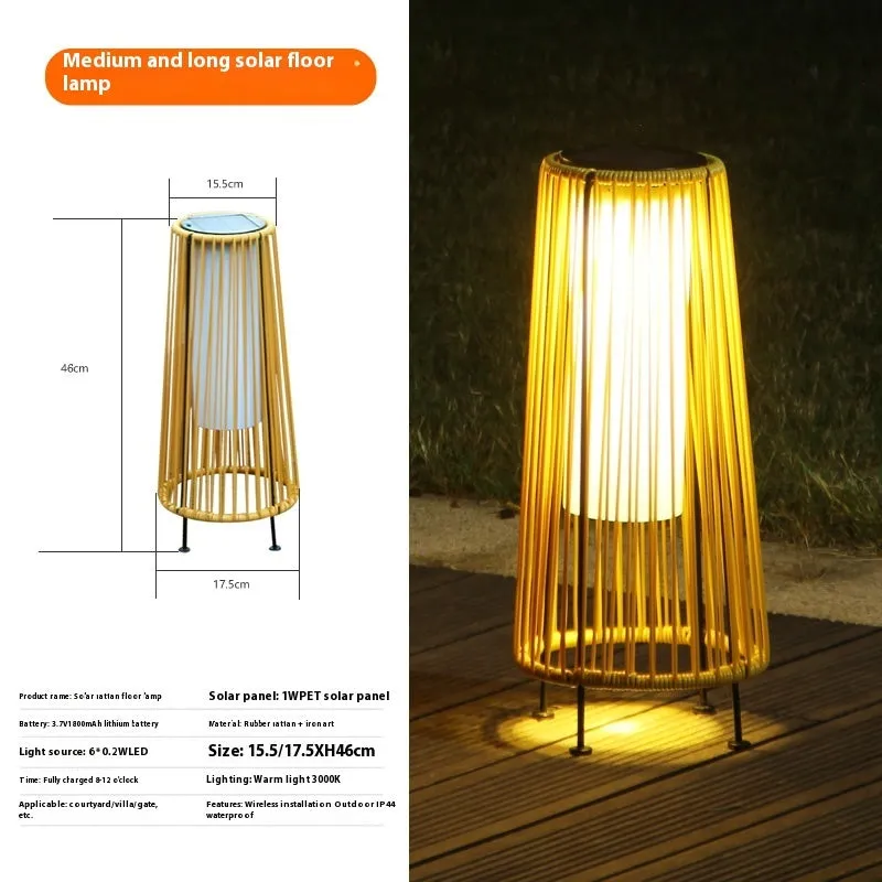 Outdoor solar lantern light with imitation bamboo weaving pattern, hanging in garden setting