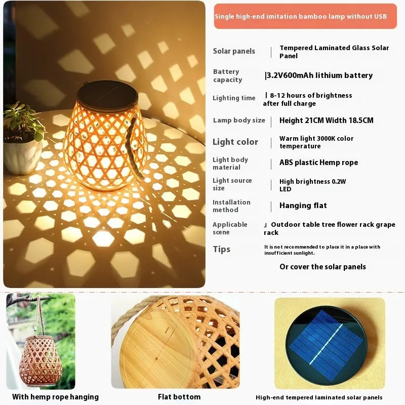 Outdoor solar lantern light with imitation bamboo weaving pattern, hanging in garden setting