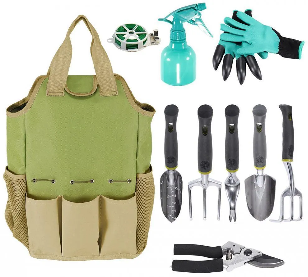 Light green 600D Oxford cloth garden tool storage bag holding secateurs and trowel