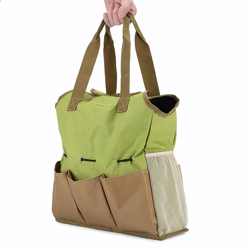 Light green 600D Oxford cloth garden tool storage bag holding secateurs and trowel