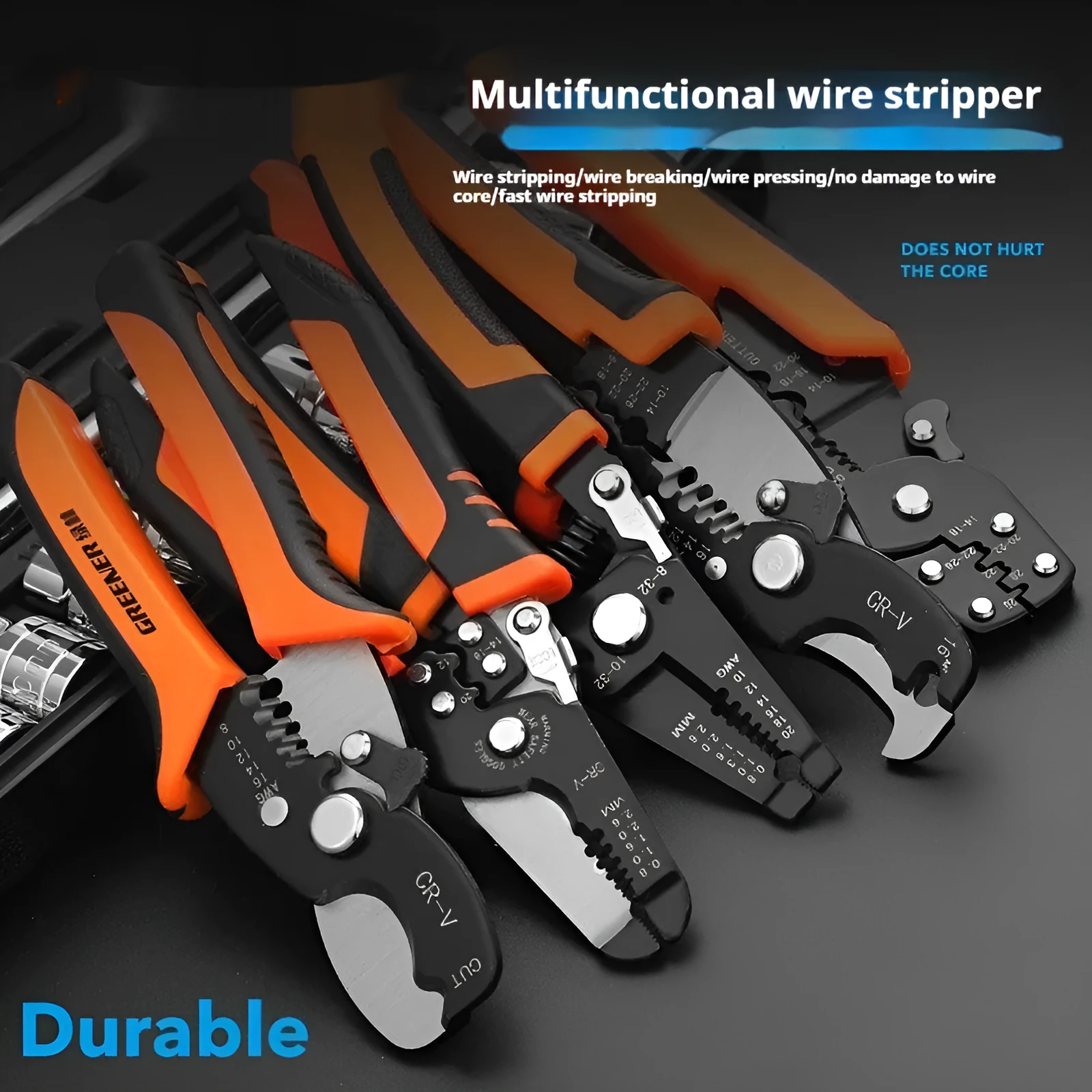 Box mounted automatic wire stripping pliers with high carbon steel blades for electrical cable work