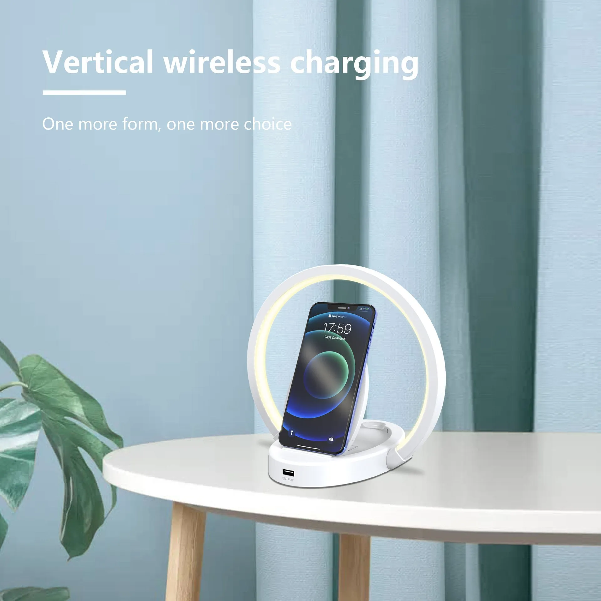 LED desk lamp with Bluetooth speaker, wireless charger, USB port, and adjustable arm in wood grain finish
