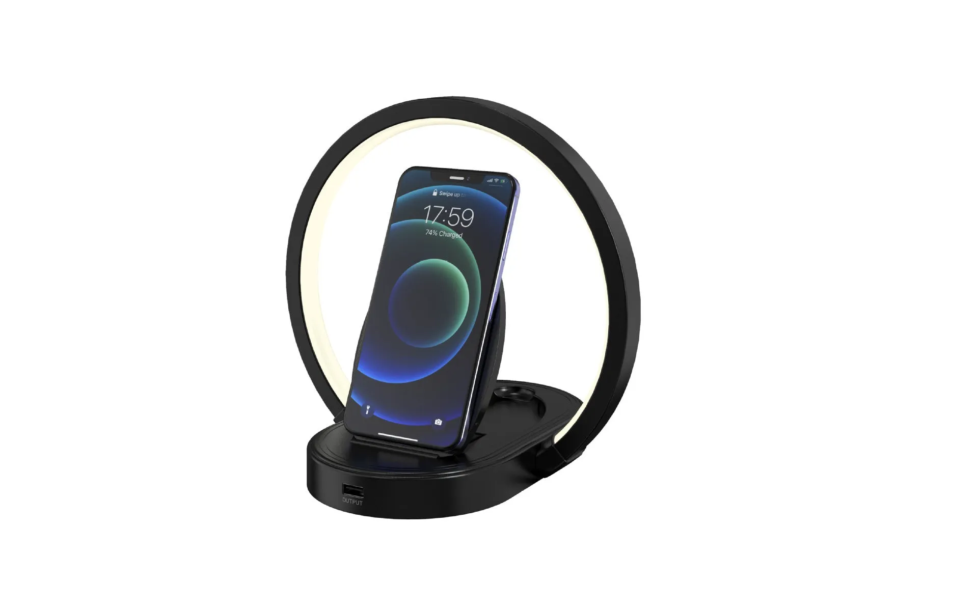 LED desk lamp with Bluetooth speaker, wireless charger, USB port, and adjustable arm in wood grain finish