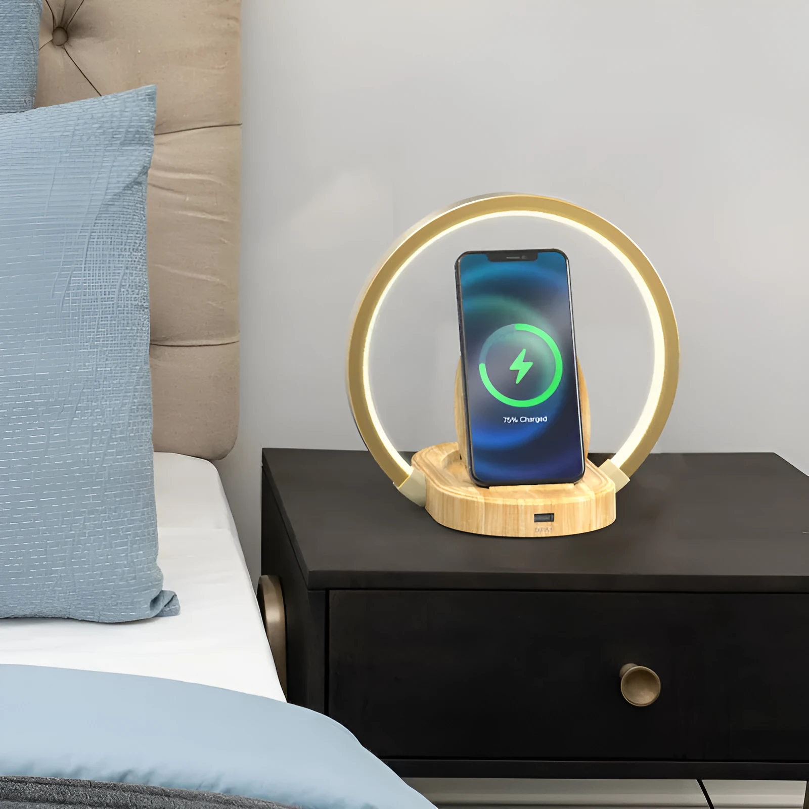 LED desk lamp with Bluetooth speaker, wireless charger, USB port, and adjustable arm in wood grain finish