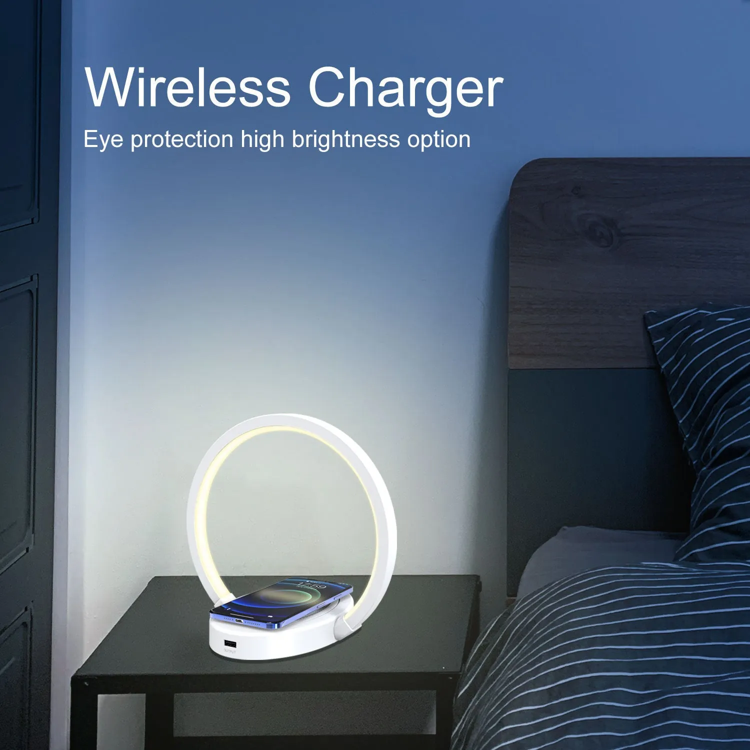 LED desk lamp with Bluetooth speaker, wireless charger, USB port, and adjustable arm in wood grain finish