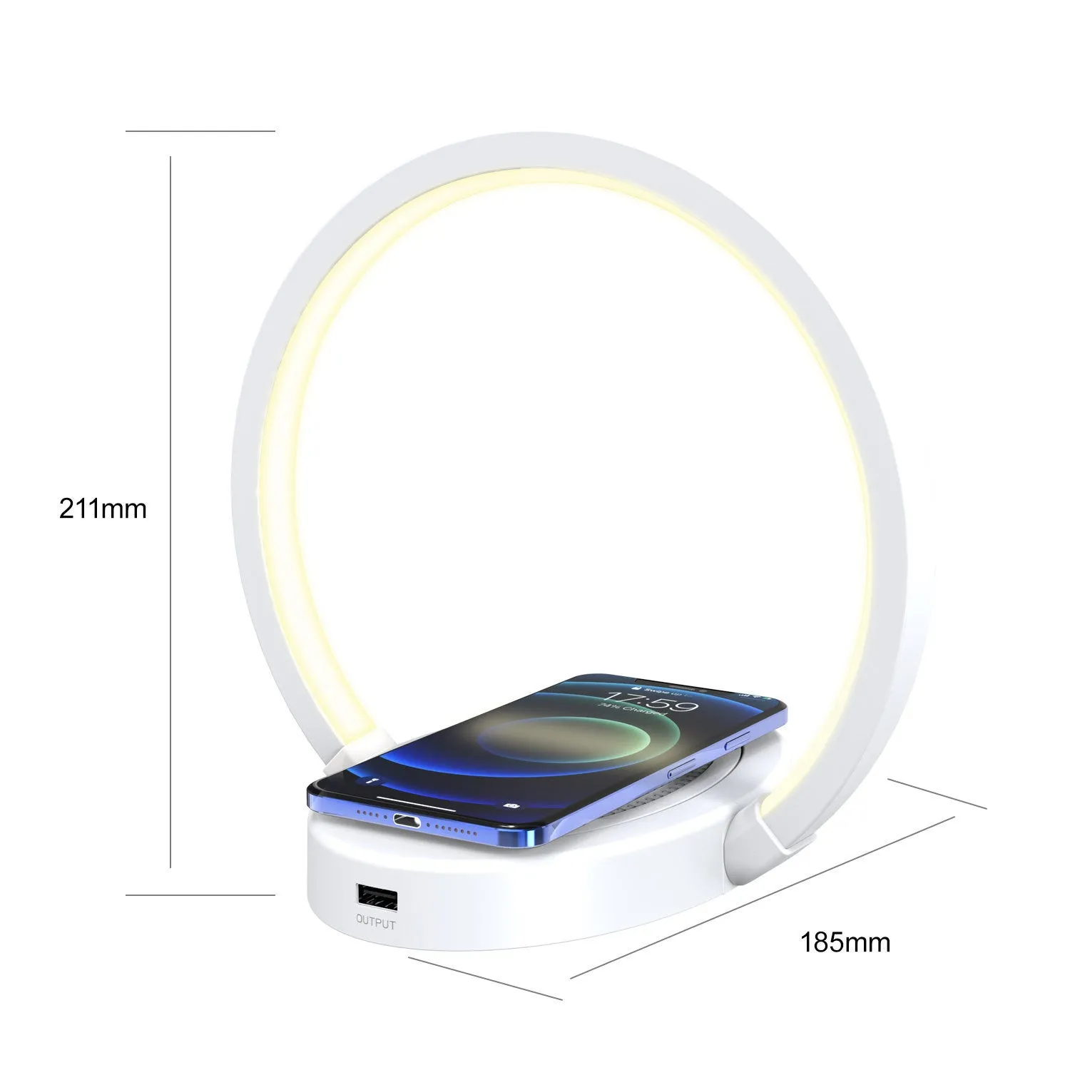 LED desk lamp with Bluetooth speaker, wireless charger, USB port, and adjustable arm in wood grain finish