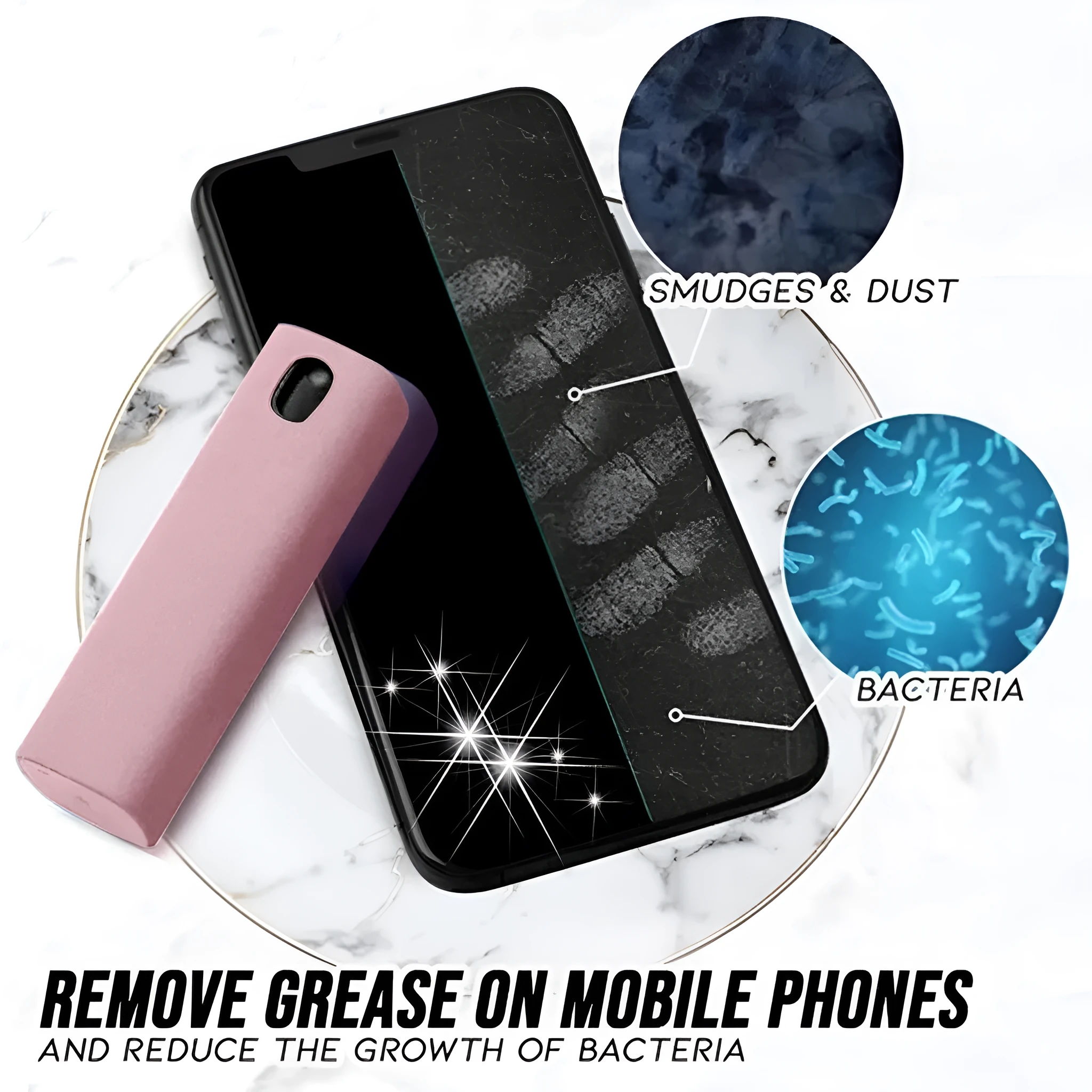 Small blue screen cleaner bottle with attached microfiber cloth on a table next to a smartphone