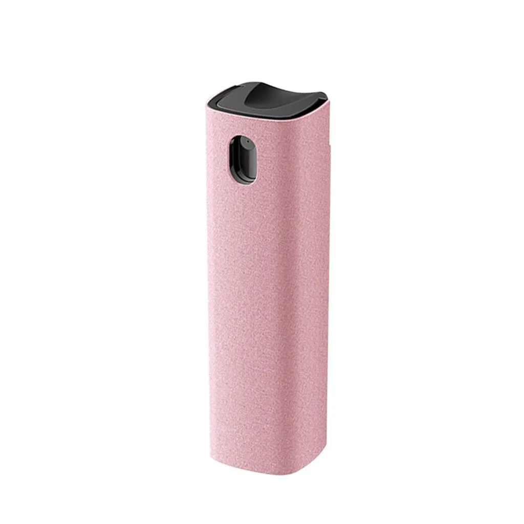 Small blue screen cleaner bottle with attached microfiber cloth on a table next to a smartphone
