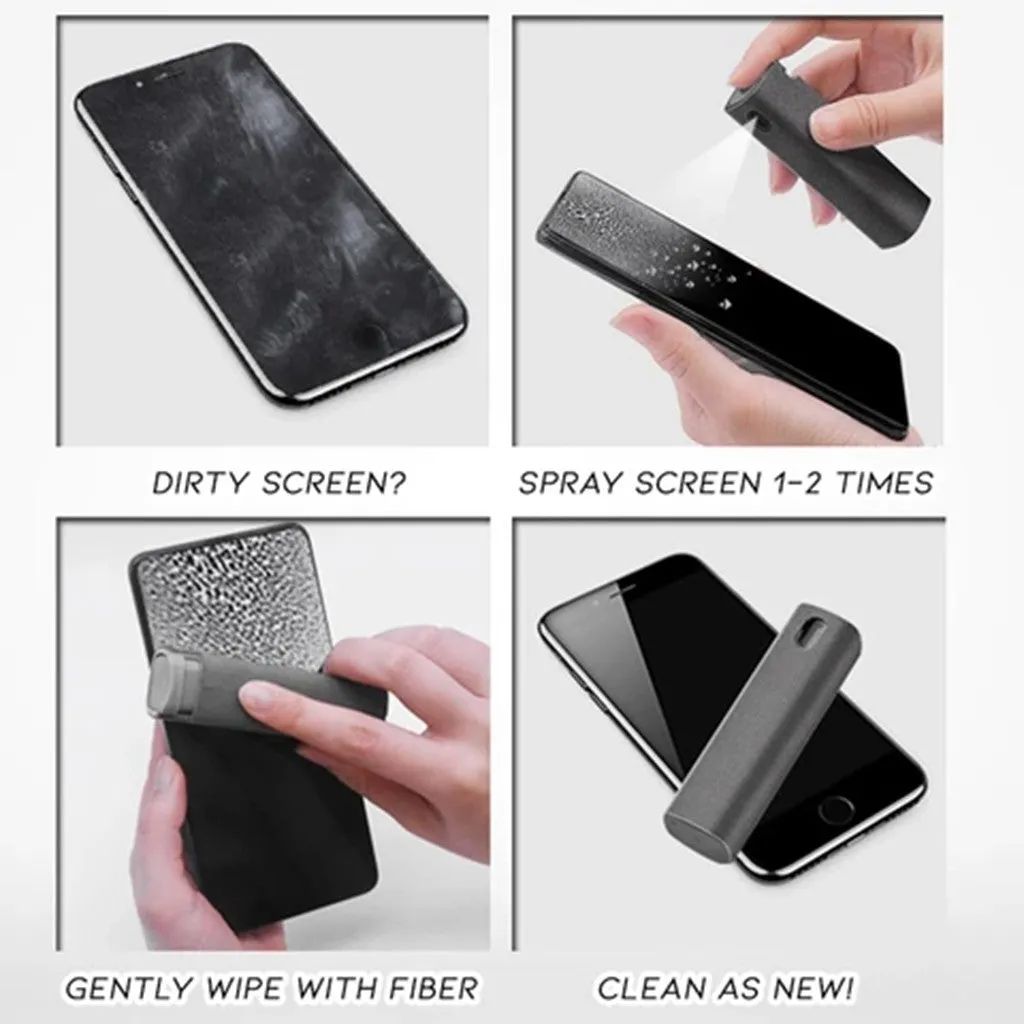 Small blue screen cleaner bottle with attached microfiber cloth on a table next to a smartphone