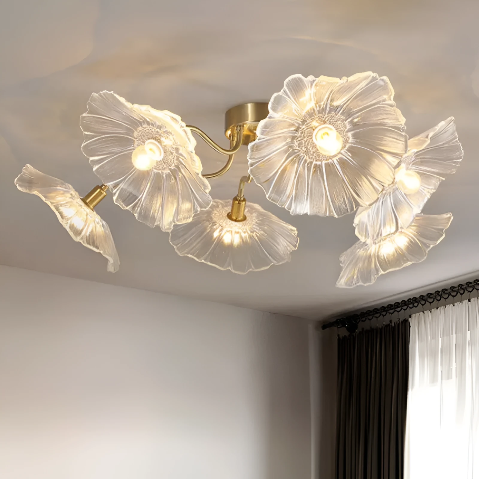 Modern flower-shaped ceiling lamp with multiple light heads in white or purple colour
