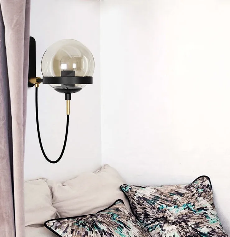Modern retro wall lamp with glass shade, push button switch, black finish, LED light source for indoor use