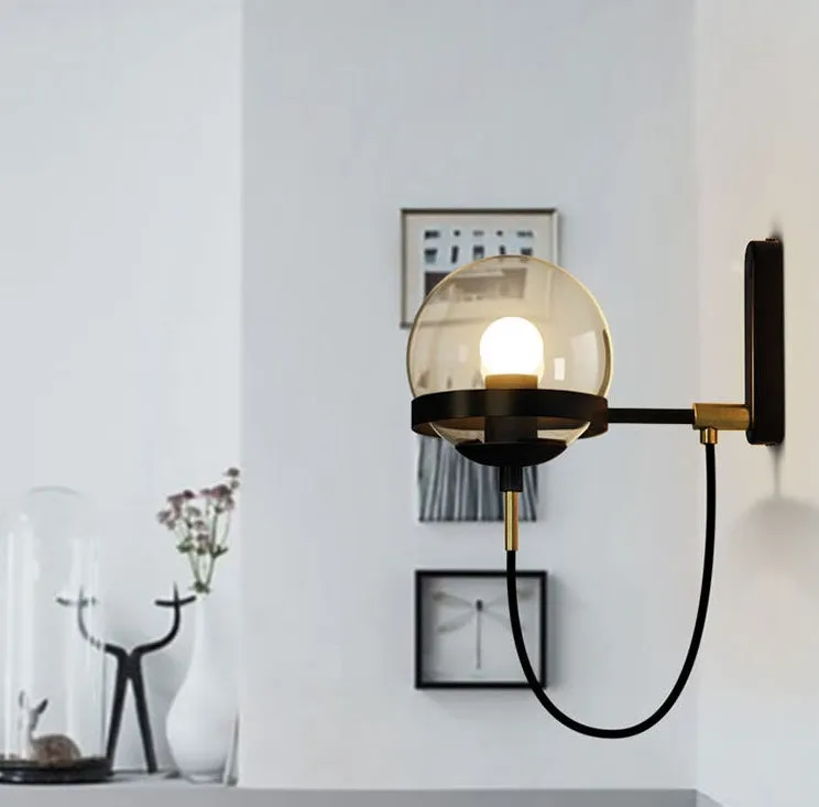 Modern retro wall lamp with glass shade, push button switch, black finish, LED light source for indoor use