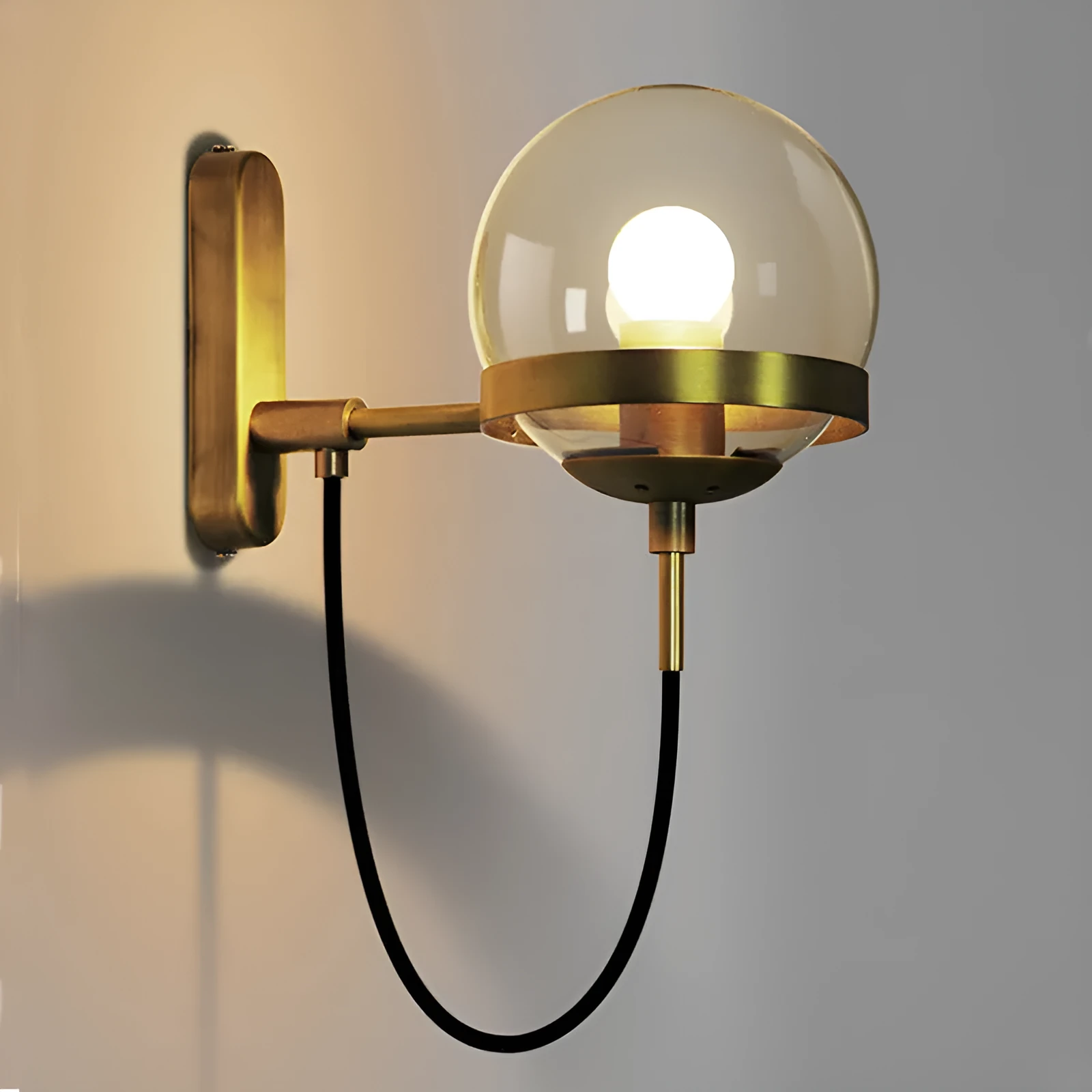 Modern retro wall lamp with glass shade, push button switch, black finish, LED light source for indoor use