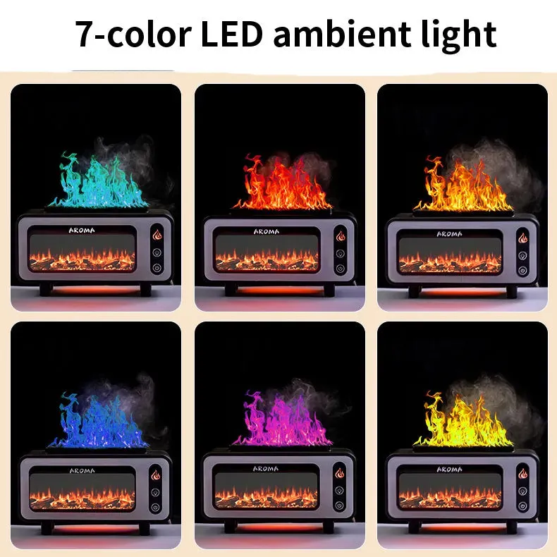 200ml black ultrasonic flame humidifier with simulated 3D fireplace fire effect and 7 colour LED light