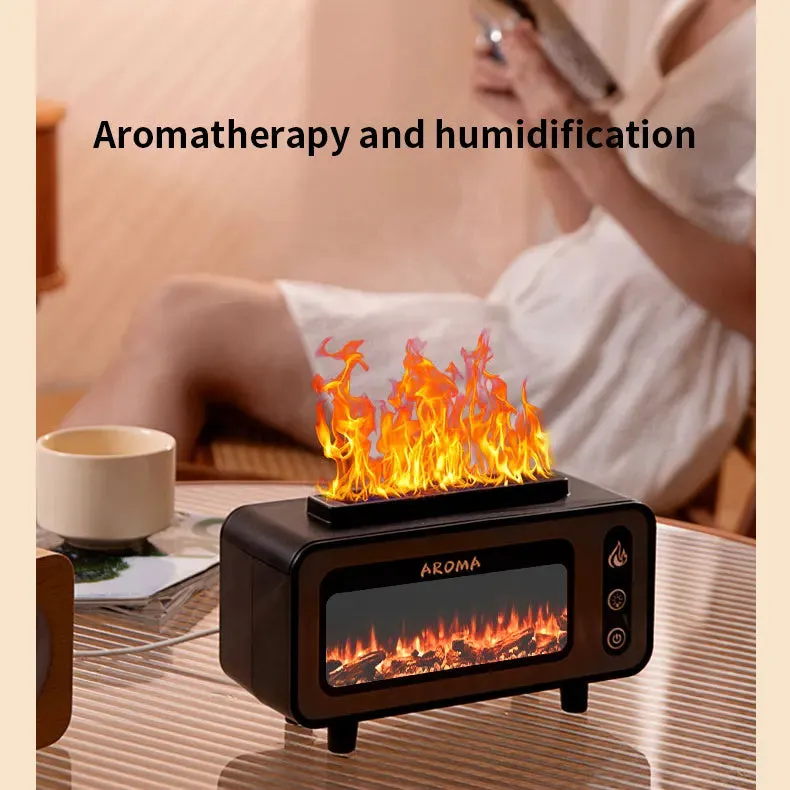 200ml black ultrasonic flame humidifier with simulated 3D fireplace fire effect and 7 colour LED light