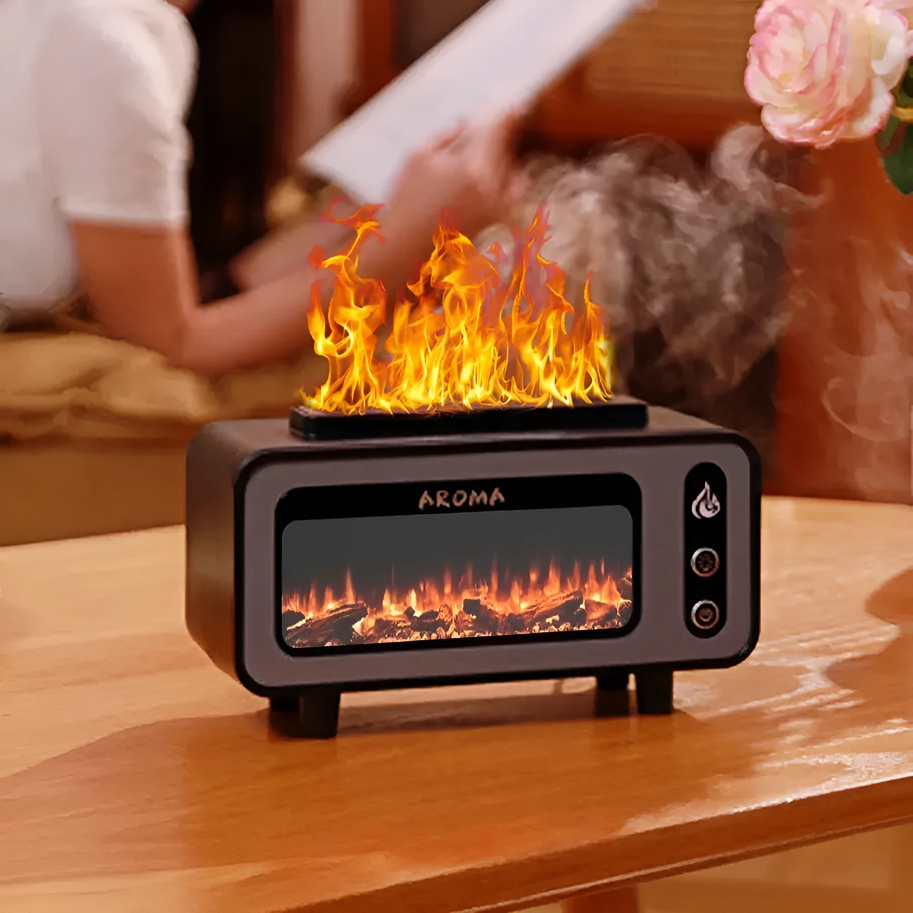 200ml black ultrasonic flame humidifier with simulated 3D fireplace fire effect and 7 colour LED light