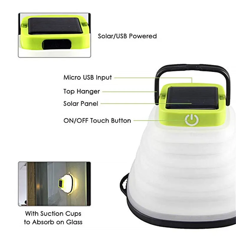 Collapsible IP68 waterproof solar camping light folded to 2.5cm thickness with USB charging port