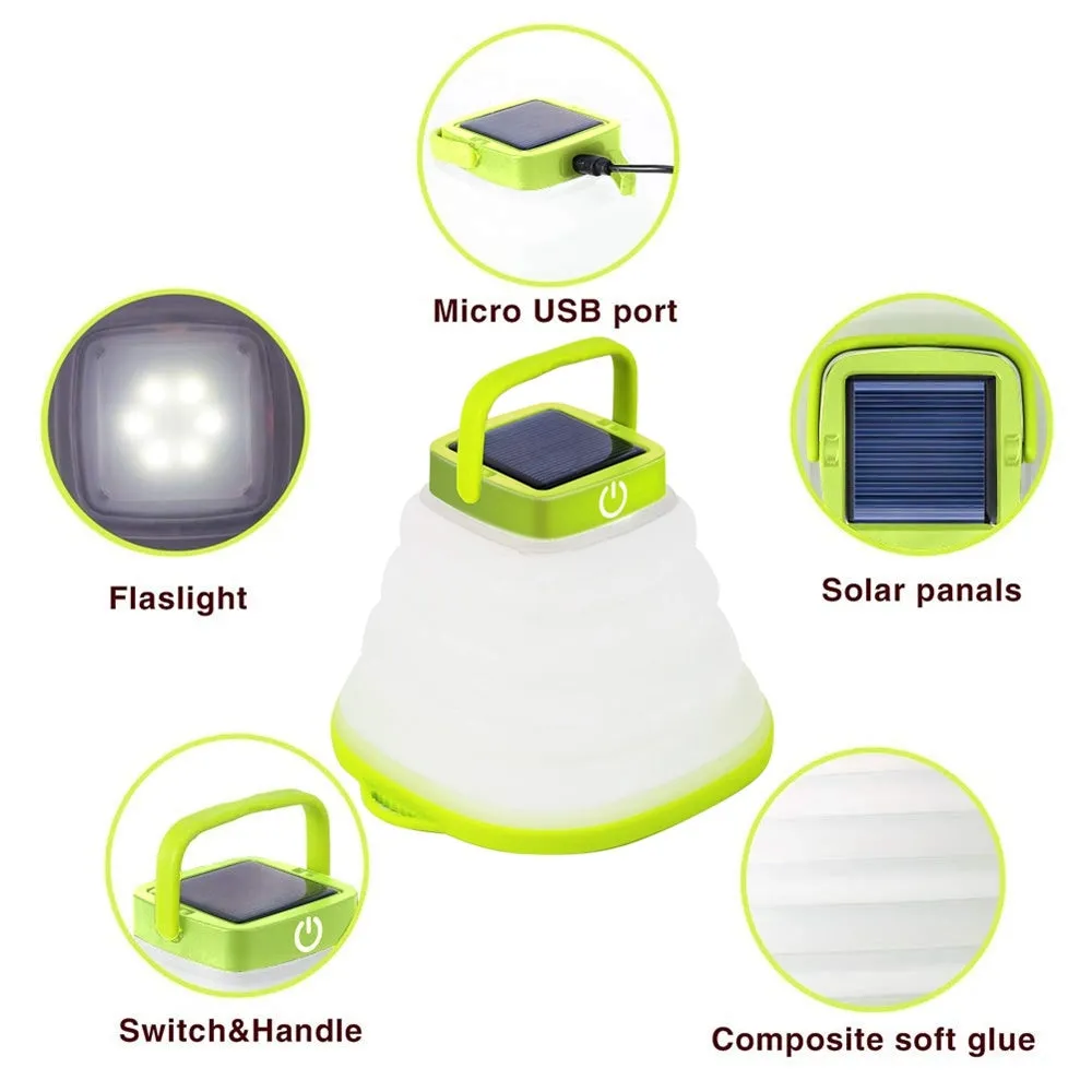 Collapsible IP68 waterproof solar camping light folded to 2.5cm thickness with USB charging port
