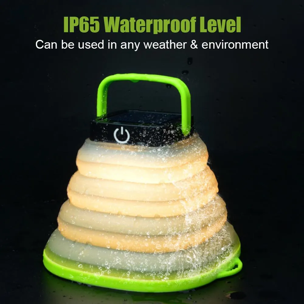 Collapsible IP68 waterproof solar camping light folded to 2.5cm thickness with USB charging port