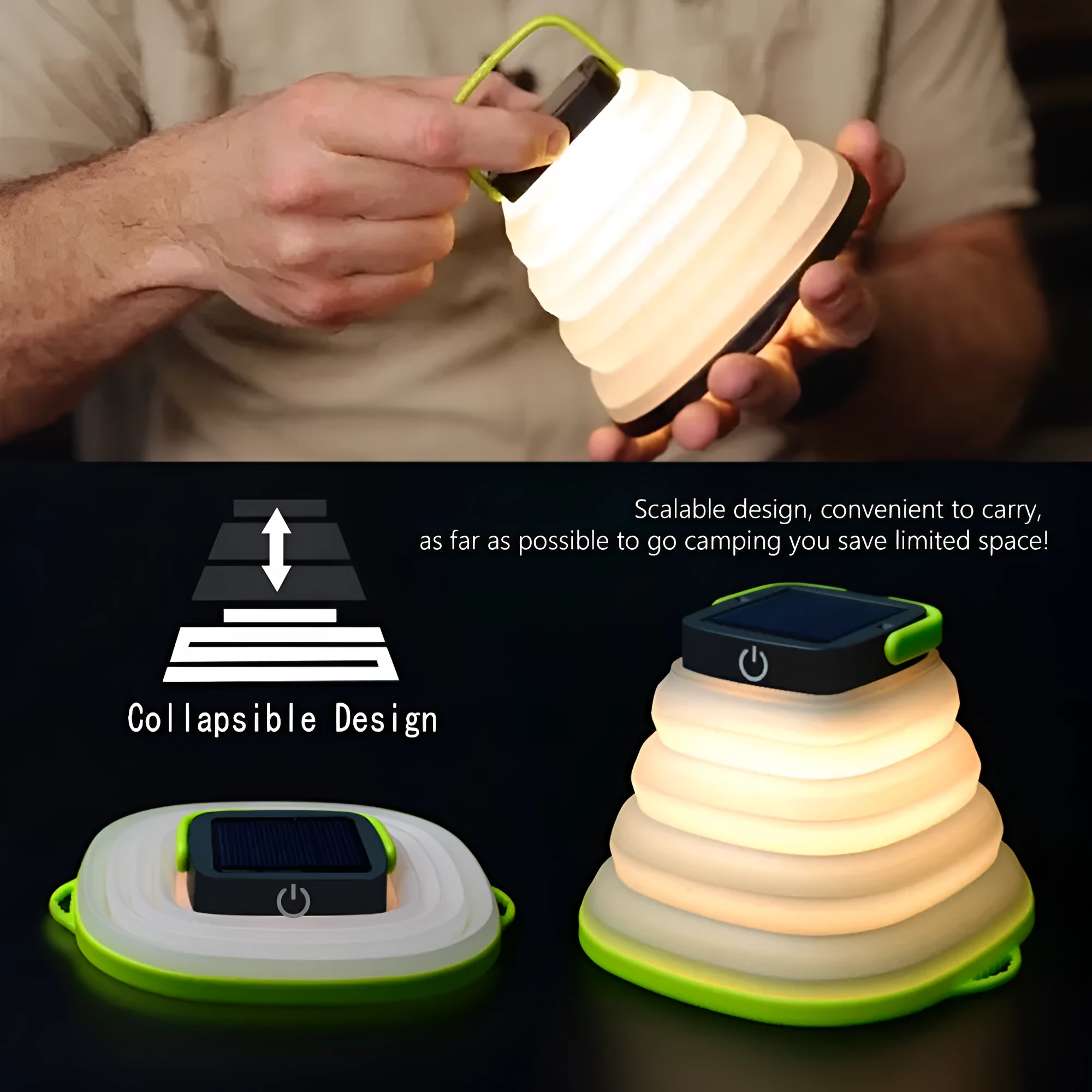 Collapsible IP68 waterproof solar camping light folded to 2.5cm thickness with USB charging port
