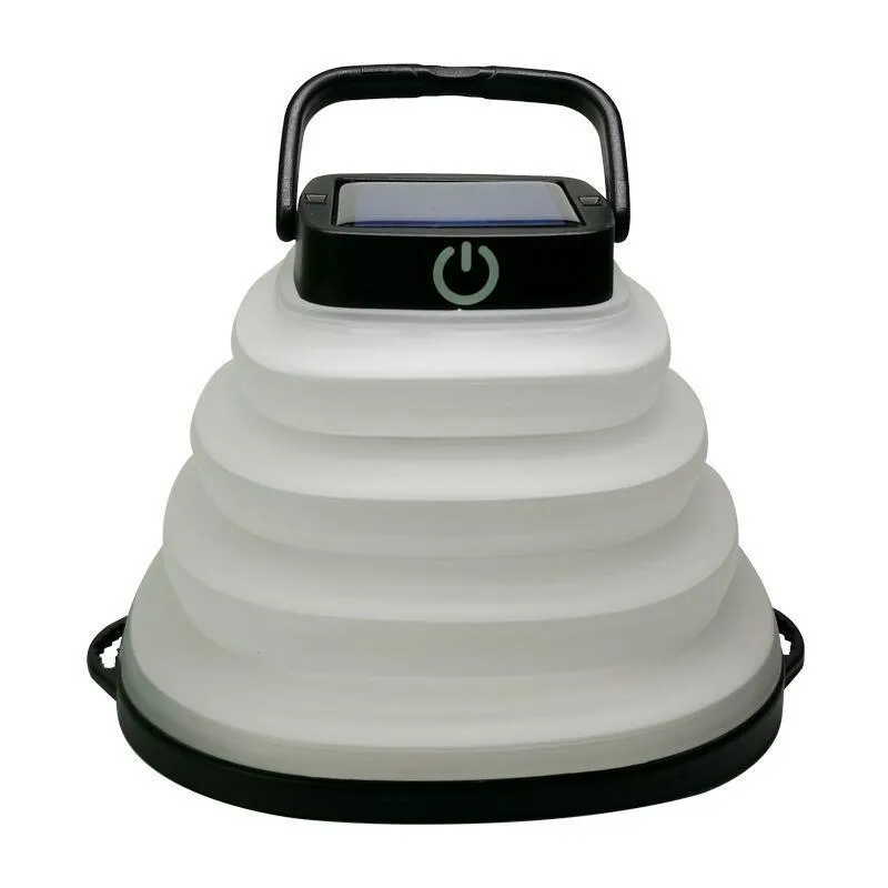 Collapsible IP68 waterproof solar camping light folded to 2.5cm thickness with USB charging port