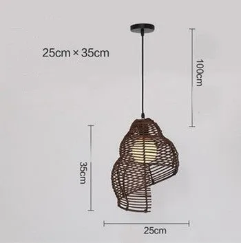 Snail-shaped rattan pendant light with woven grass and rattan shade, 350mm diameter, LED source, adjustable height, on a dark background