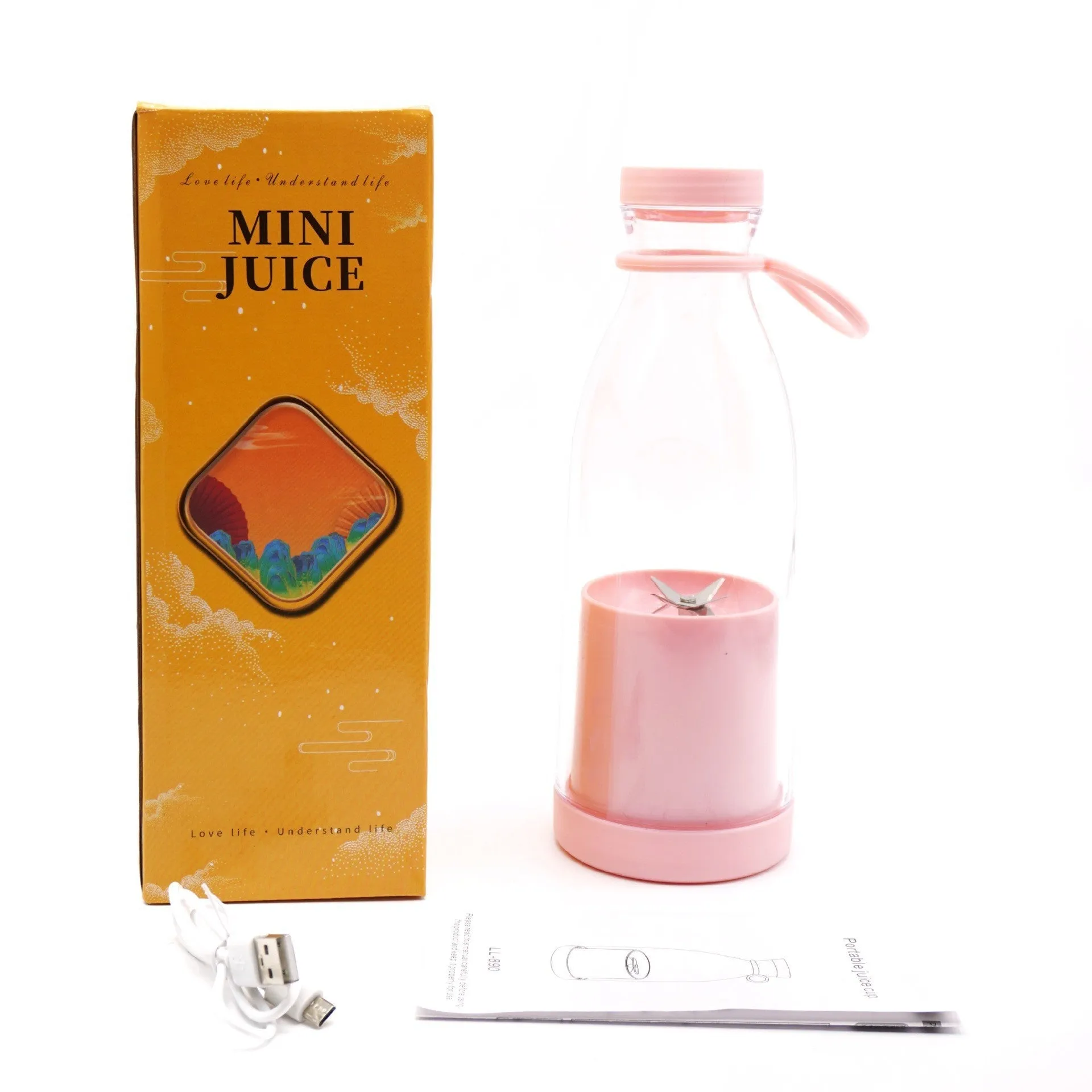 Electric USB wine bottle juicer cup with 6-leaf cutter head, 400ml, in white, PC food grade plastic liner