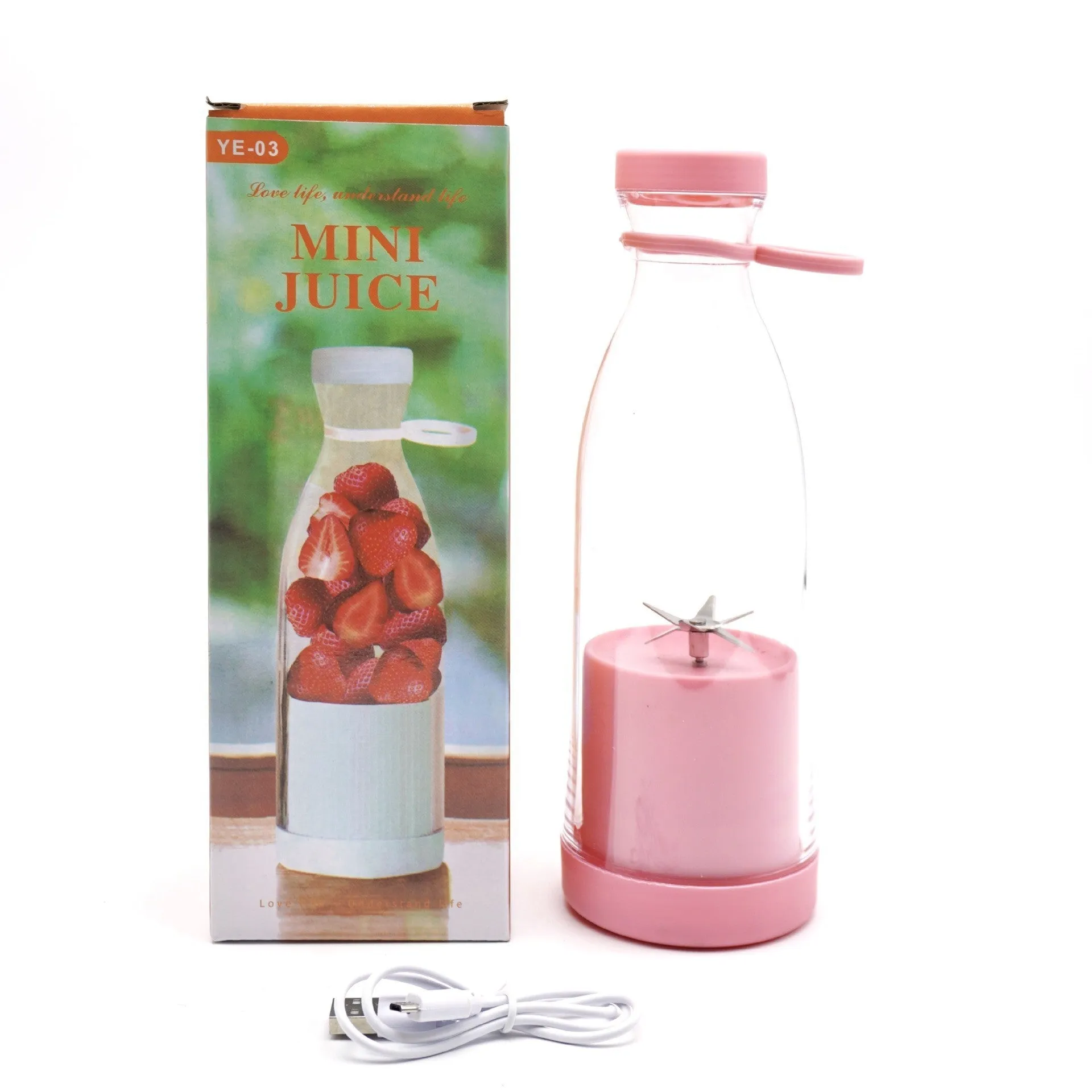 Electric USB wine bottle juicer cup with 6-leaf cutter head, 400ml, in white, PC food grade plastic liner