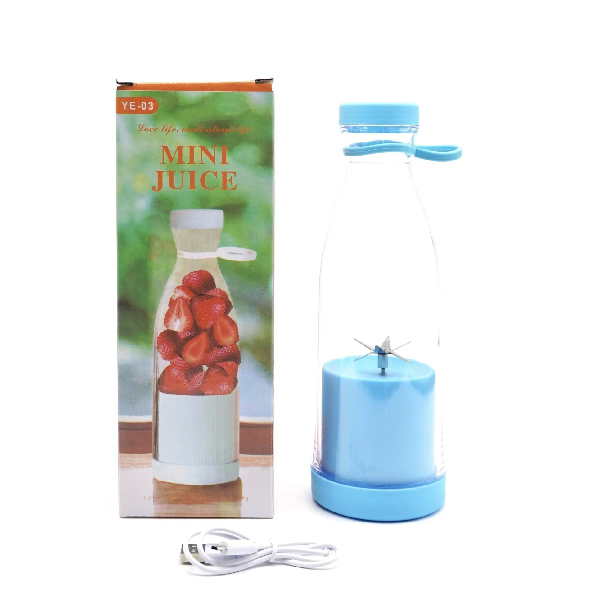 Electric USB wine bottle juicer cup with 6-leaf cutter head, 400ml, in white, PC food grade plastic liner